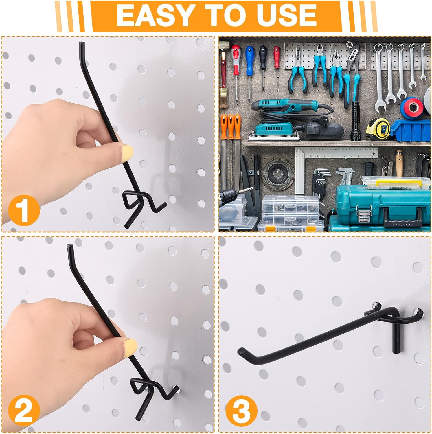 Shimeyao 100 Black Stainless Steel Pegboard Hooks (6 Inch) for 1/8 and 1/4 Pegboard, Garage Storage Organizer image number 5