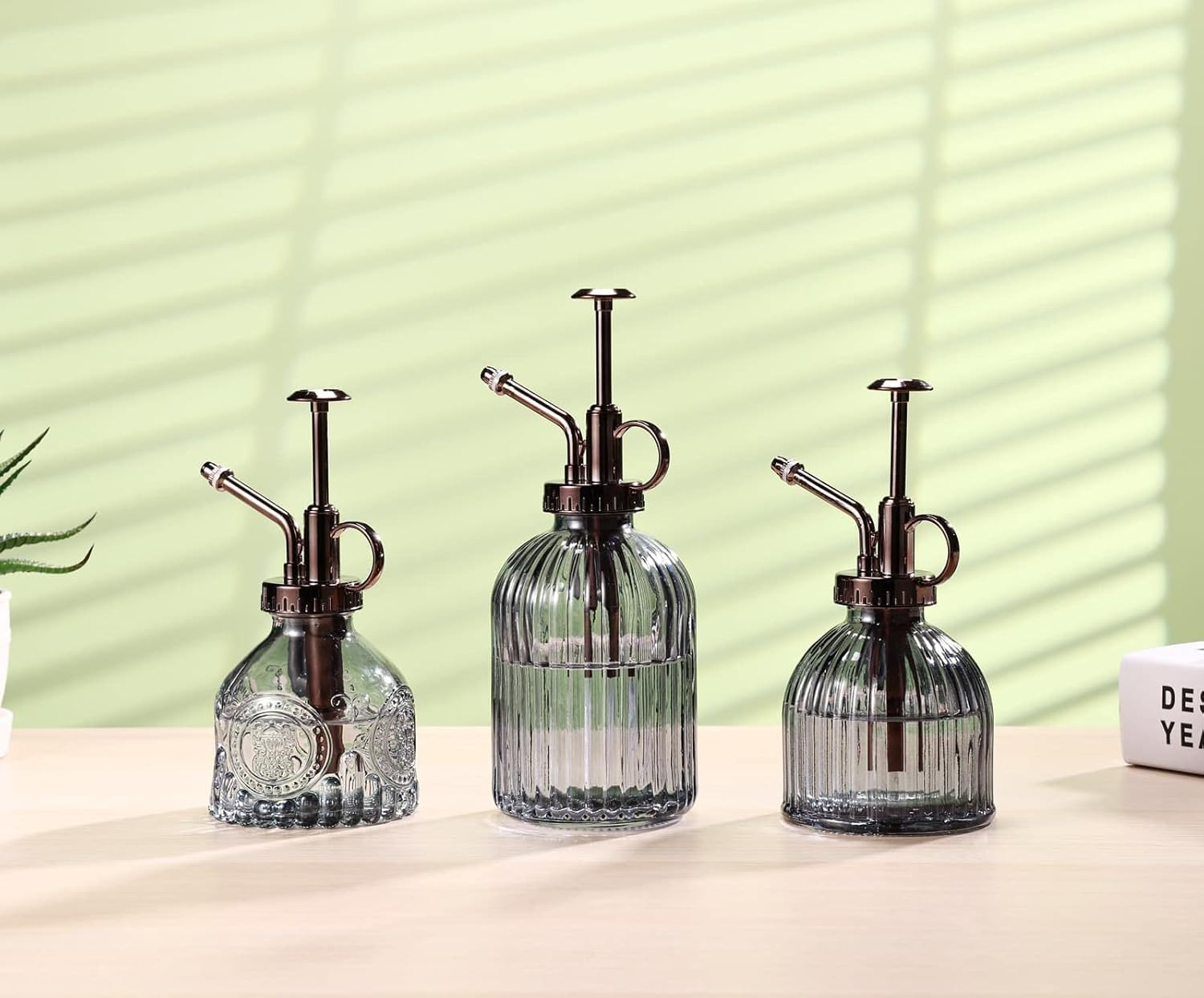 Glass Plant Mister - 7.5" Green Glass Water Spray Bottle with Gold Top Pump, Indoor/Outdoor Small Plant Sprayer (Gray+Bronze)