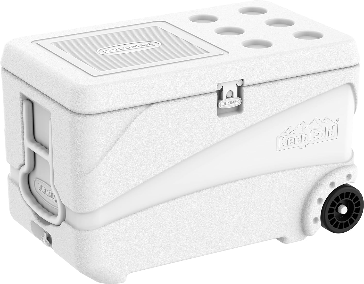 Duramax Deluxe Icebox 80L, High Performance Cool Box with PU Insulation, 6 Days of Ice Retention, Icebox with Wheels & Handles for Easy Mobility, Cup Holders on Lid, Durable Cool Box, Ice Chest, White