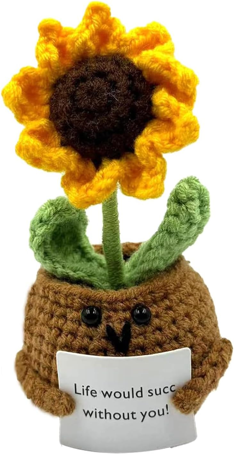 Positive Crochet Potted Plant Doll Mini Cute Sunflower Crochet Life Funny Knitted with Positive Card Emotional Support Potted Plant Creative Gifts for Friends Party Decoration Encouragement