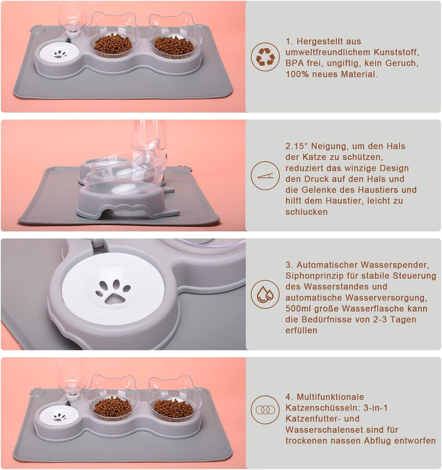 JOELELI Cat Bowls, Double Feeding Bowls for Pets, 15&deg; Tilted Dog Bowl with Automatic Water Bottle and Mat, Cat Bowl, Perfect for Puppies, Cats and Small Dogs image number 3