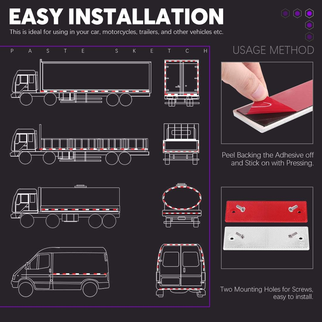 Swpeet 20Pcs Universal Red + White Plastic Rectangular Stick-On Car Reflector Sticker, Door Reflectors Interior Red + White Compatible Warning Plate Adhesive Reflector for Most Car image number 4