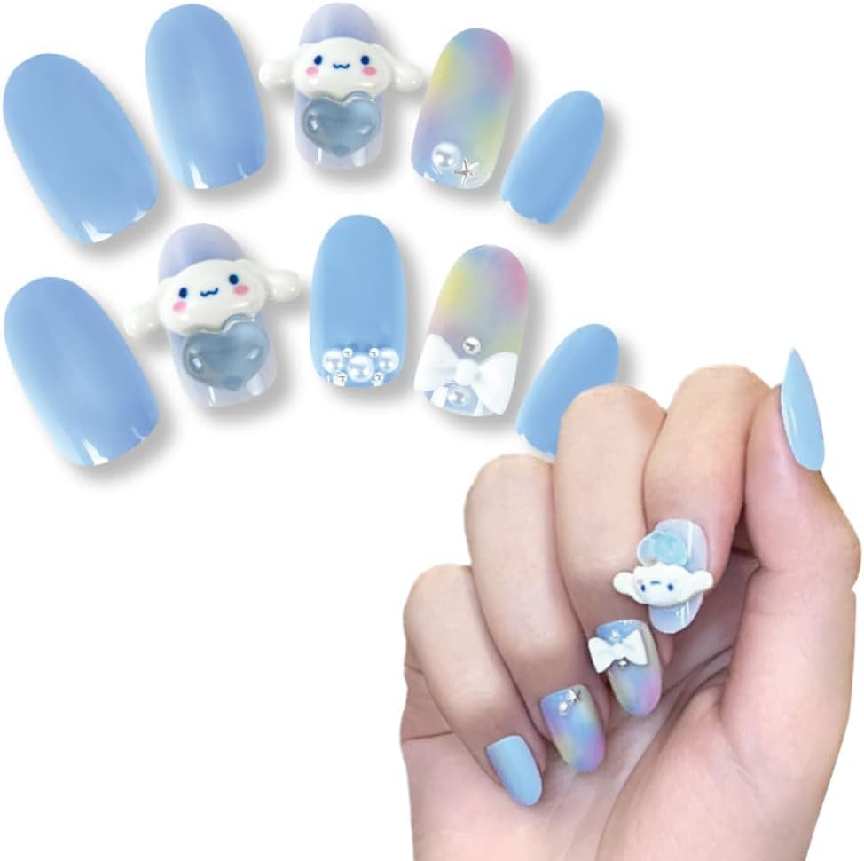 Sanrio Character Nail Tip, Cinnamo Roll, Stickable and Removable, 3D, 24 Pieces, Short, Gradient Stone, Nail Sticker, Stylish, Popular for Girls, Removable