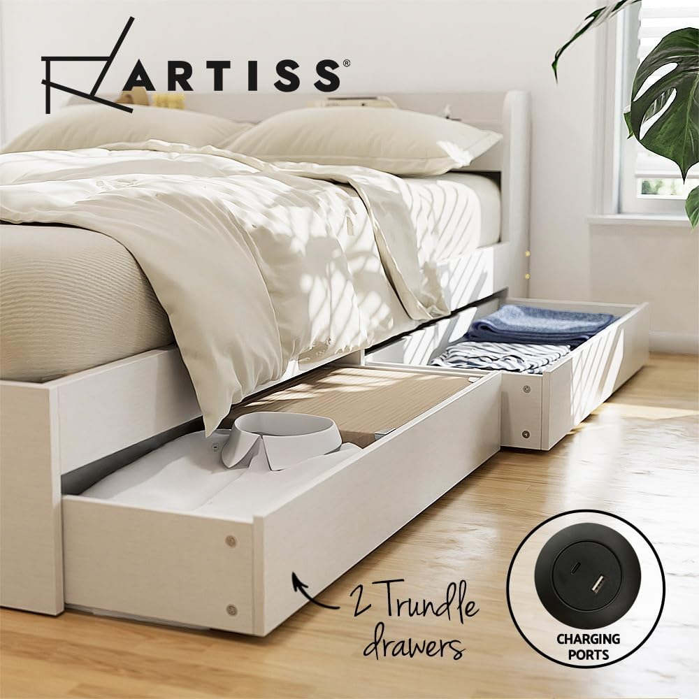 Artiss Single Bed Frame with Storage Headboard, Wooden Bed Base with 2 Storage Drawers, Solid Platform Bedframe with Charger, No Box Spring Needed for Guest Room, Bedroom Furniture, Easy Assembly image number 4