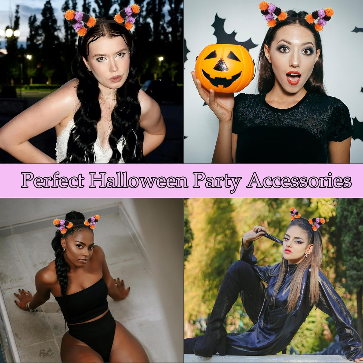 KIUEZIR Halloween Cat Ears Headband for Women - Three-Colour Glitter Pompoms Ears (Black/Purple/Orange) with Soft Headband, Party Accessories for Birthday Cosplay & Costume Parties image number 6