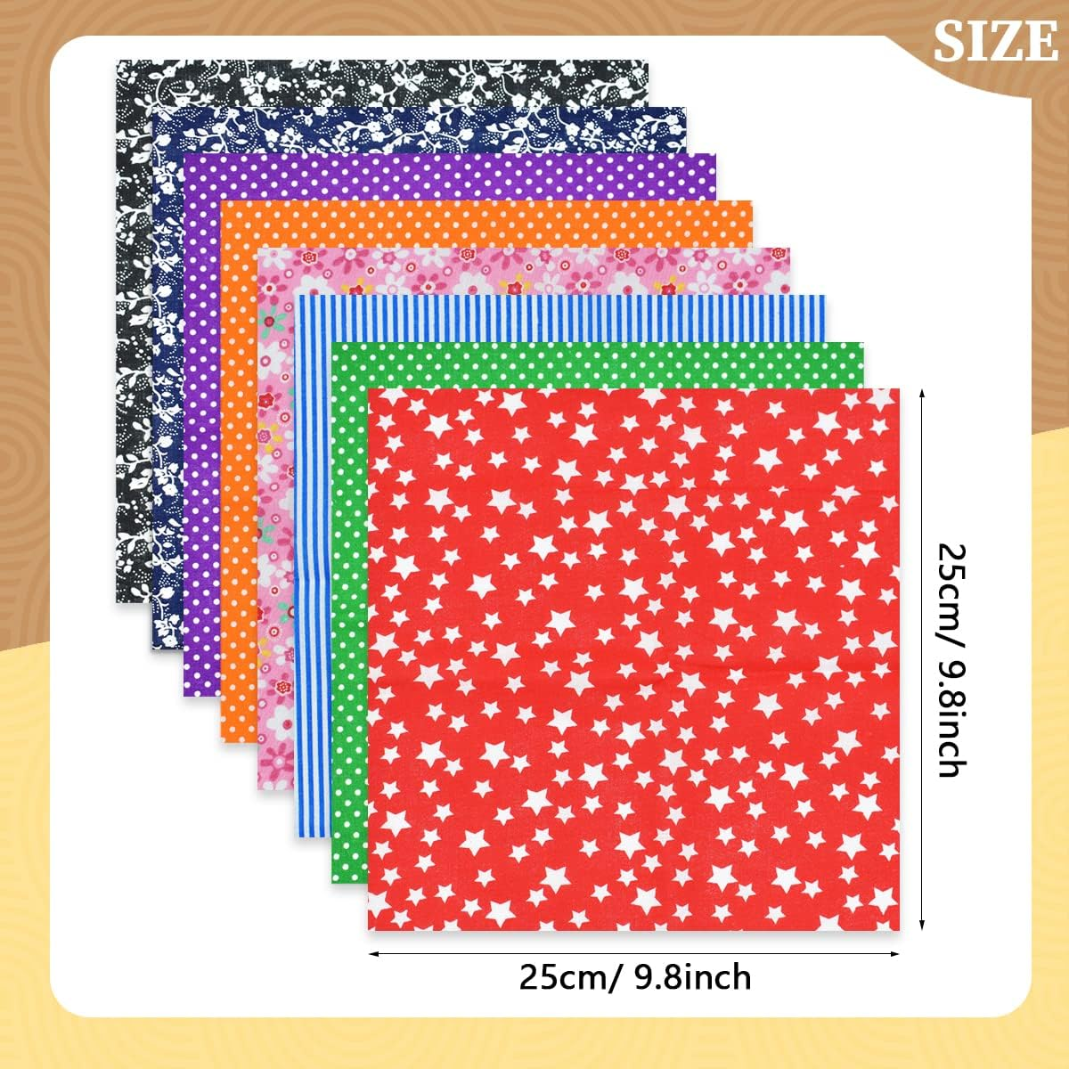 9.8X 9.8 Cotton Print Fabric Bundle Squares Pre-Cut Multicolor Design Printed Quilting Sewing Floral for Quilting Patchwork DIY Craft Scrapbooking Cloth (Red/Yellow/Green/Blue/Pink/Purple/Black/Navy)
