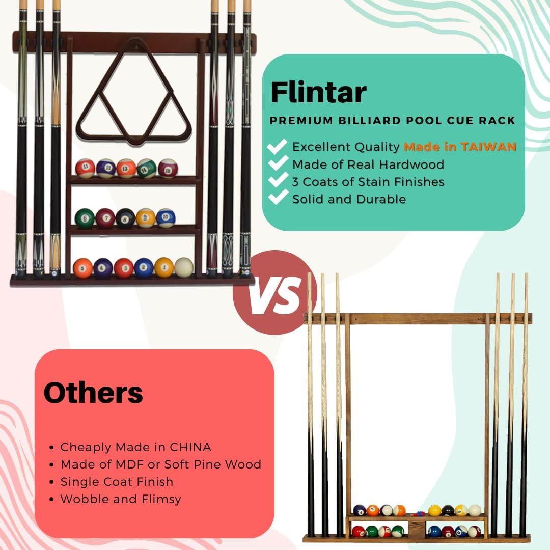 Flintar Wall Cue Rack, Premium Billiard Pool Cue Stick Holder, Made of Solid Hardwood, Improved Direct Wall Mounting, Cue Rack Only (Cues, Balls and Ball Rack Not Included), Oak Finish
