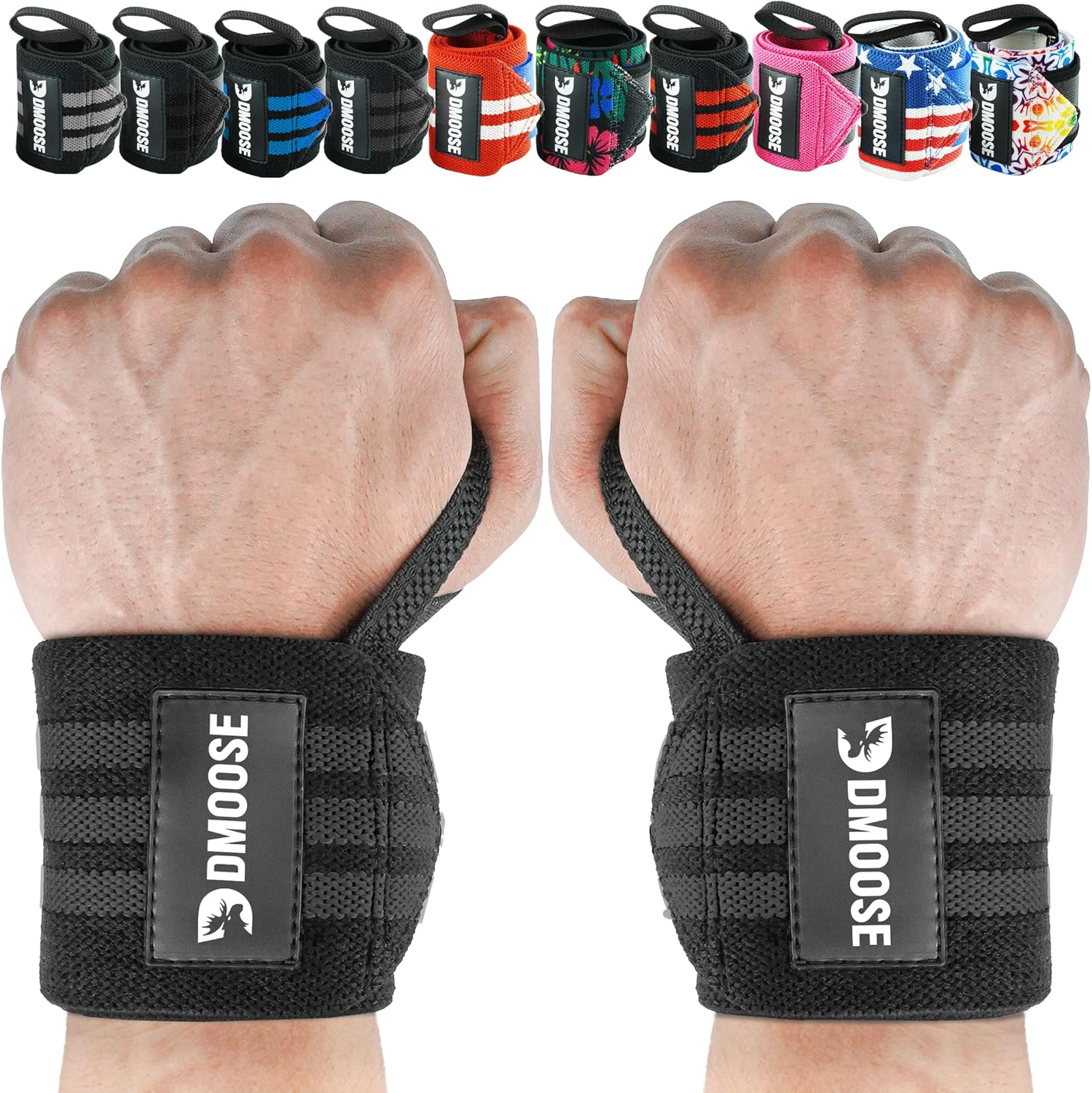 Dmoose Wrist Wraps, Avoid Injury and Maximize Grip with Thumb Loop, 18" or 12" Gym Straps Pair, Wrist Straps for Weightlifting, Powerlifting, Bench Press, Bodybuilding, Deadlift Straps for Men & Women
