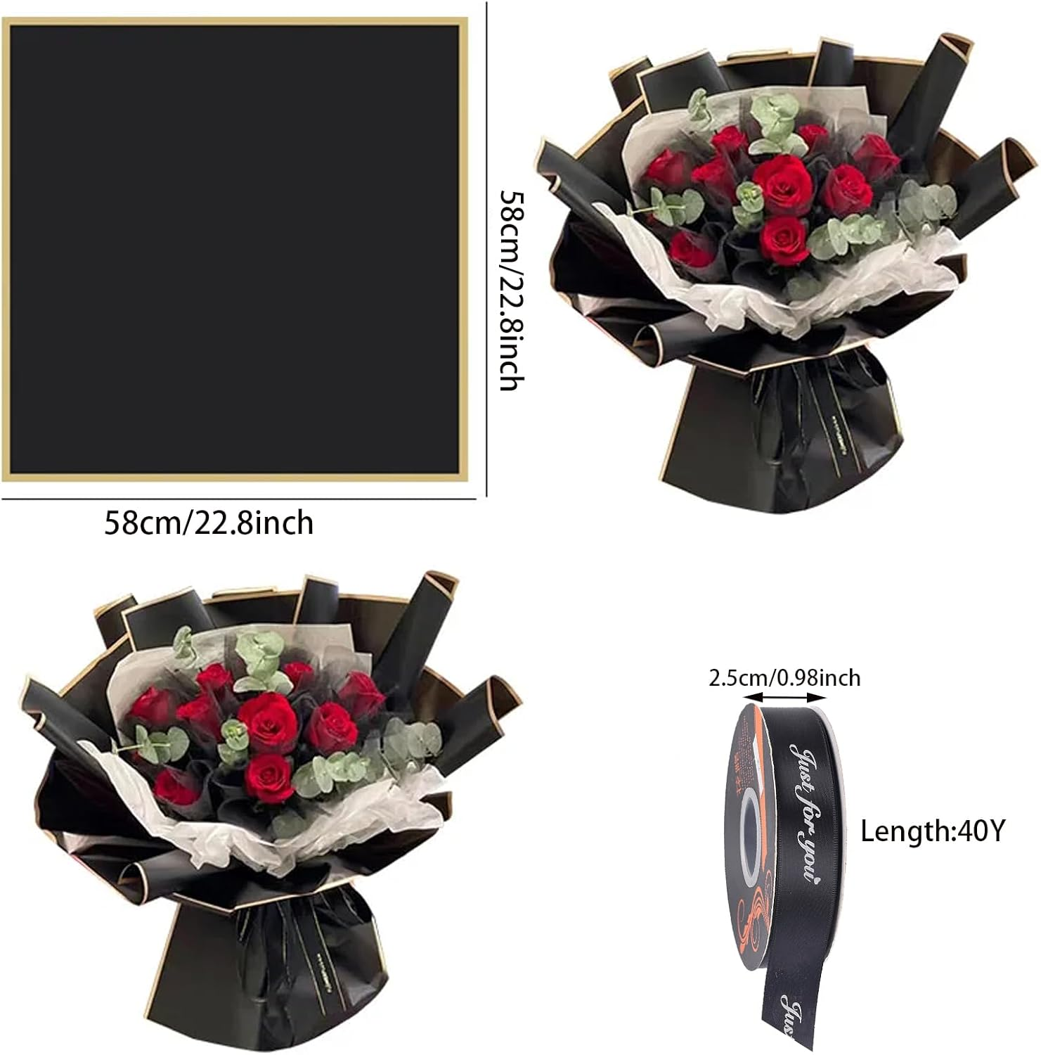 60 Pieces of Bouquet Wrapping, 22.8-Inch Large Size,Organza Ribbon and Greeting Card,Waterproof Translucent Phnom Penh Wrapping, Bouquet Wrapping, (Black, Blue, Gray) image number 4