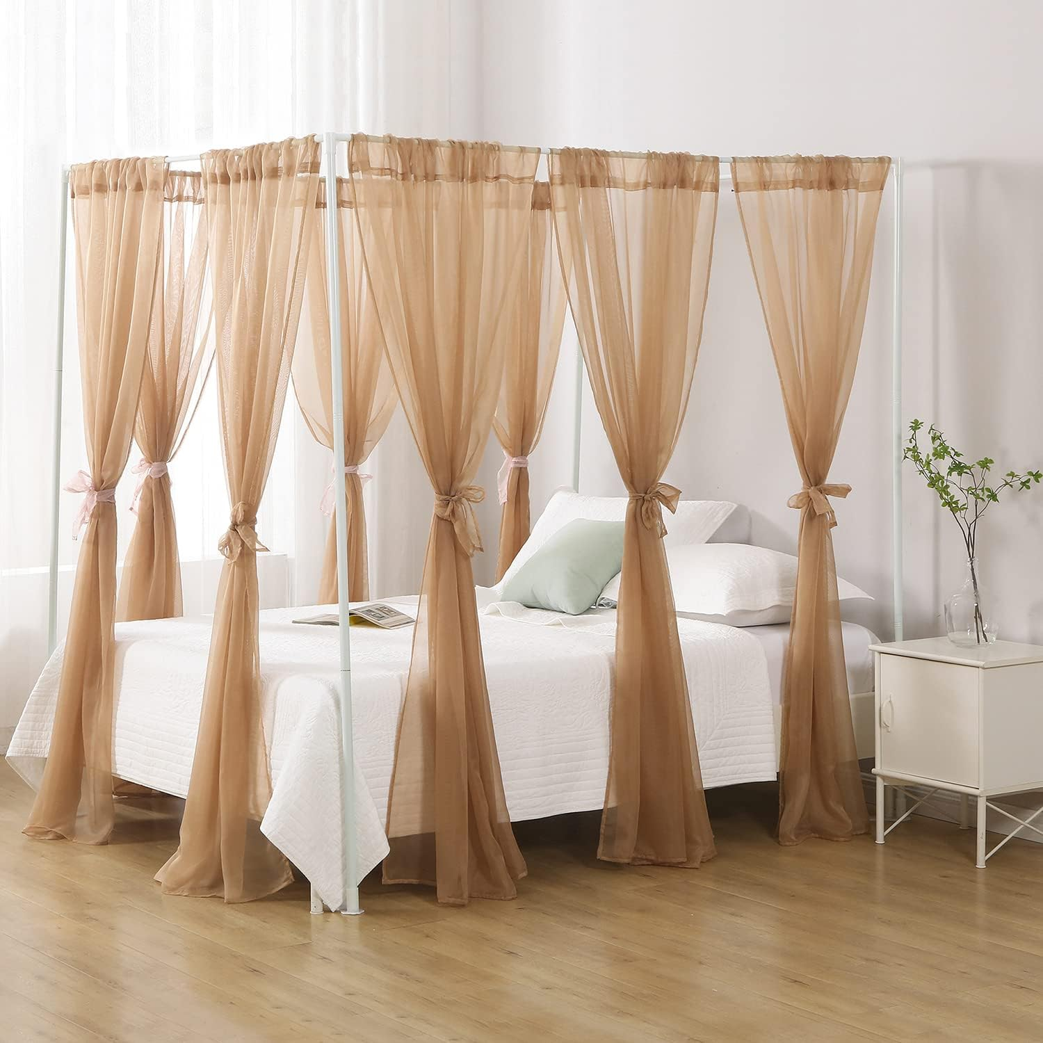 WANFASO Princess Chiffon Bed Canopy, Canopy Curtains for Queen Bed Adults, 4 Post Bed Drapes Room Decor(Light Coffee) image number 5