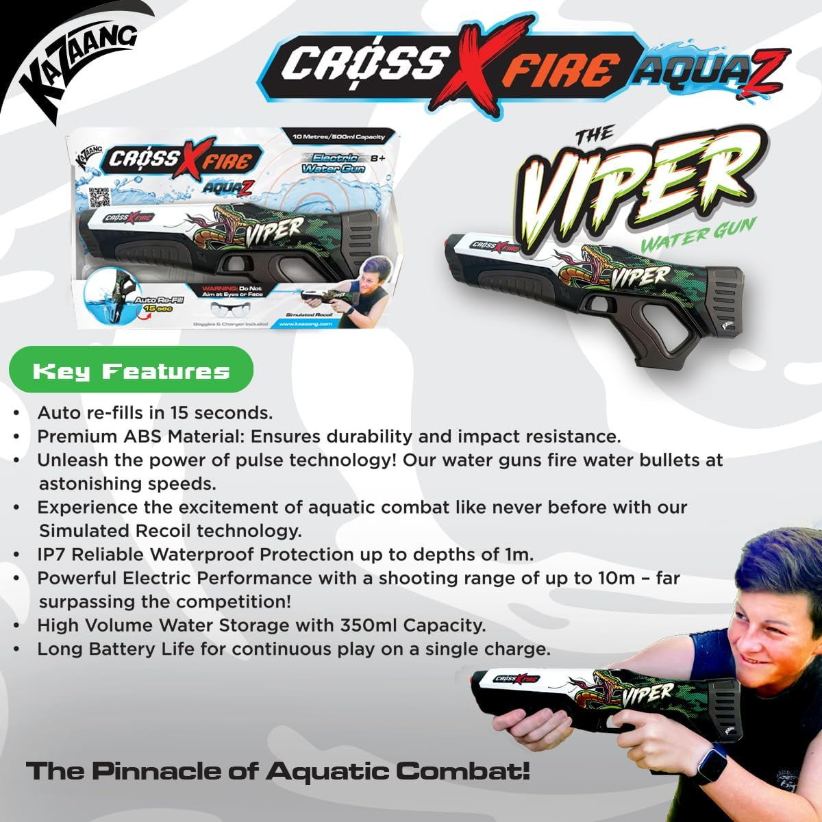 Kazaang Crossxfire Aquaz Viper - Electric Water Gun with 10M Range and Rechargable Battery - 6000 Water Bullets per Charge - 23S Quick Auto-Reload - Includes Goggles and Charger - Suitable for 8+