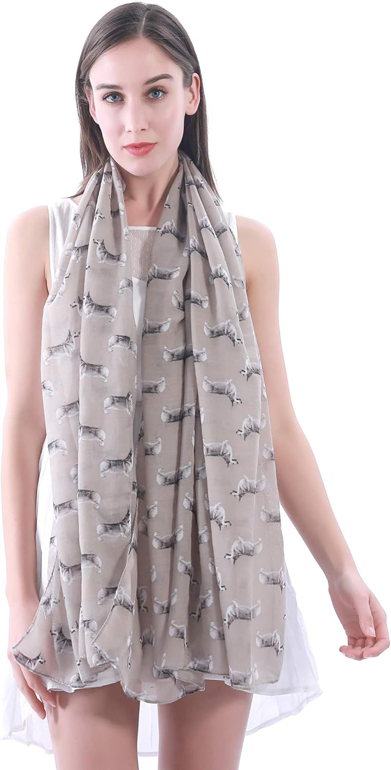 Lina & Lily Pembroke Welsh Corgi Dog Print Women'S Scarf Shawl Wrap Lightweight - Khaki image number 3