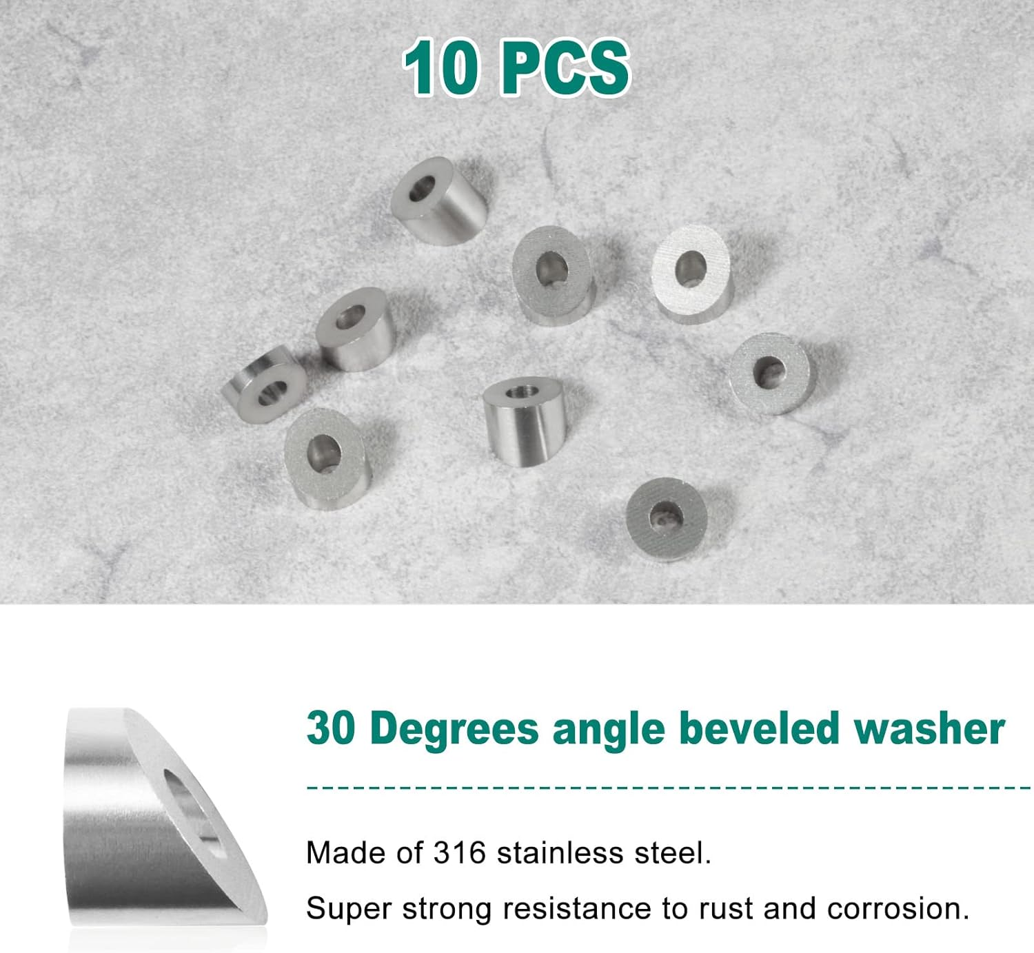 SPEEDWOX 10 Pcs 1/4" 30 Degree Angle Beveled Washers, 316 Stainless Steel Angled Washers, Suit for 1/8" to 3/16" Wire Rope Cable Application image number 2