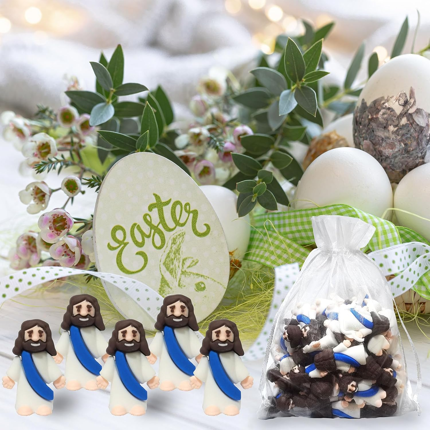 50 Pcs Mini Jesus Figurines Toys, Religious Jesus Party Favors Doll Miniature Savior Figurines for Christ, Tiny Jesus Figurine Gift Toy for Easter Egg Stuffers (Blue) - Blue image number 1