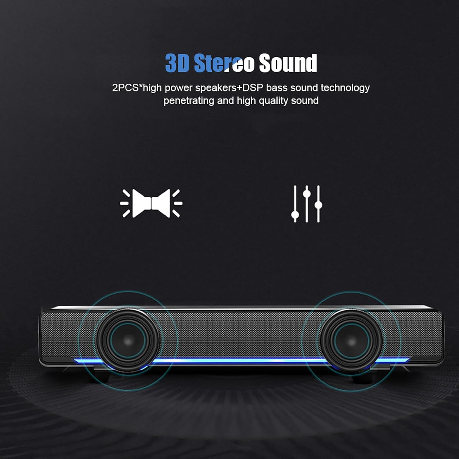 Computer Speakers, Portable USB Wired Desktop Speaker Mini Sound Bar Soundbar Speaker with 3D Surround Sound for Home Theater (Black) - White image number 2