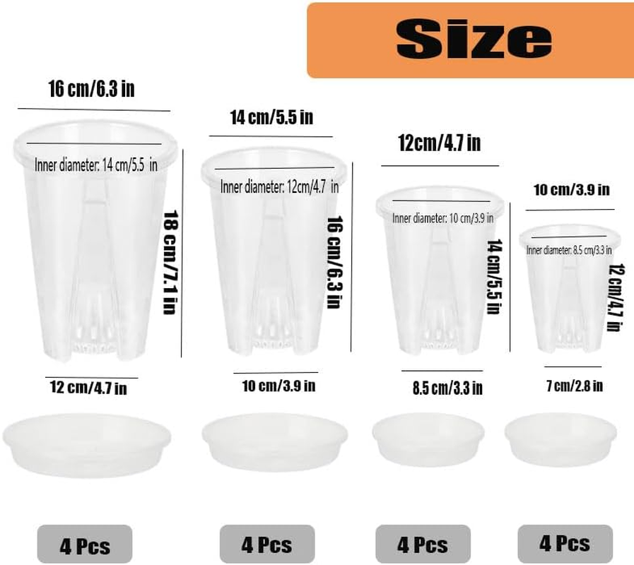 4 Pcs Clear Orchid Pots, 10Cm (3.9 Inch) Small Plastic Pots with Holes and Saucers for Plants, Breathable Slotted Plant Pot with Tray image number 3