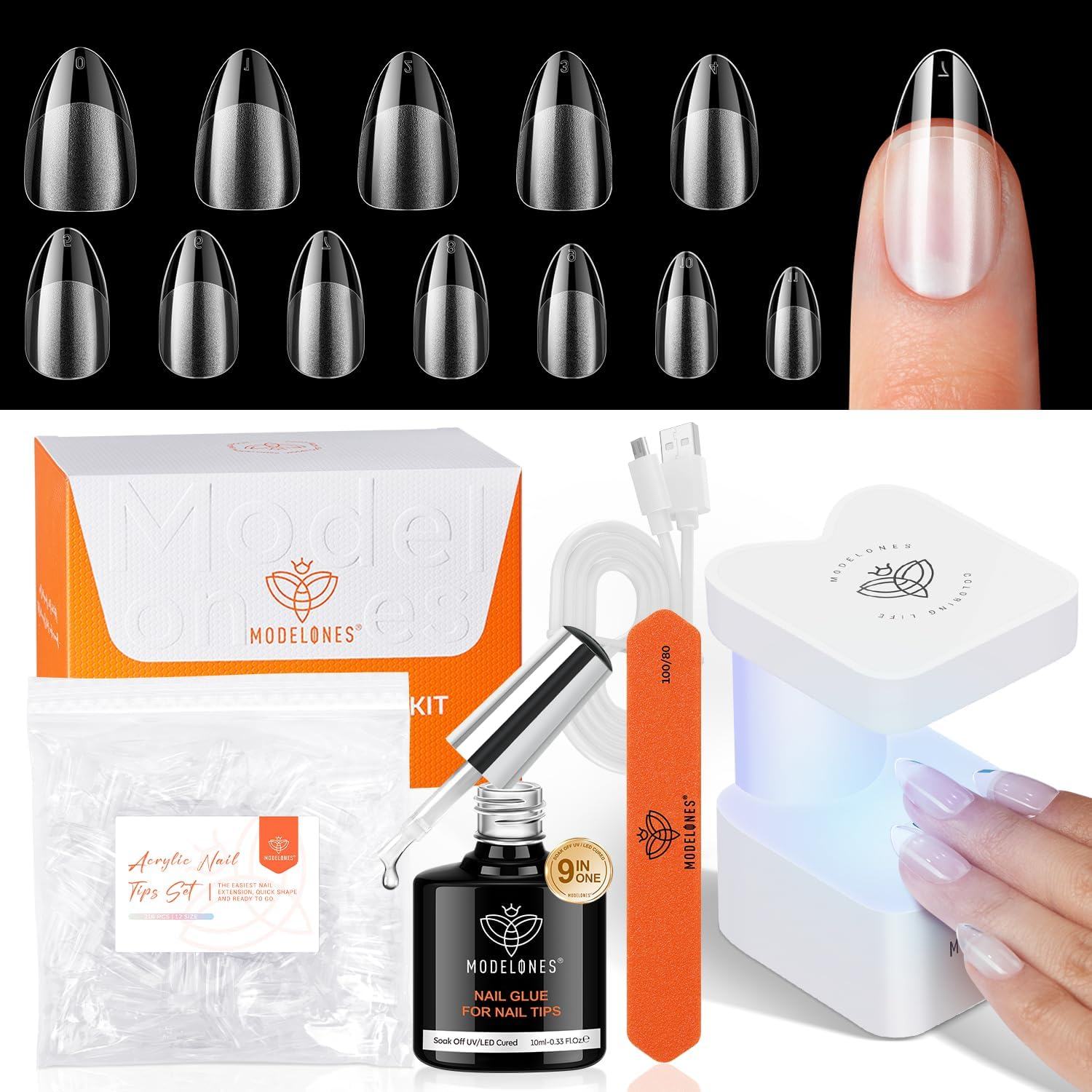 Modelones Gel X Nail Kit, Medium Almond Gel X Nail Tips, 9-In-One Nail Glue & Portable U V Nail Lamp, 216Pcs 12Sizes Press on Acrylic False Nails Tip Nails Art DIY Nail Extension for Women