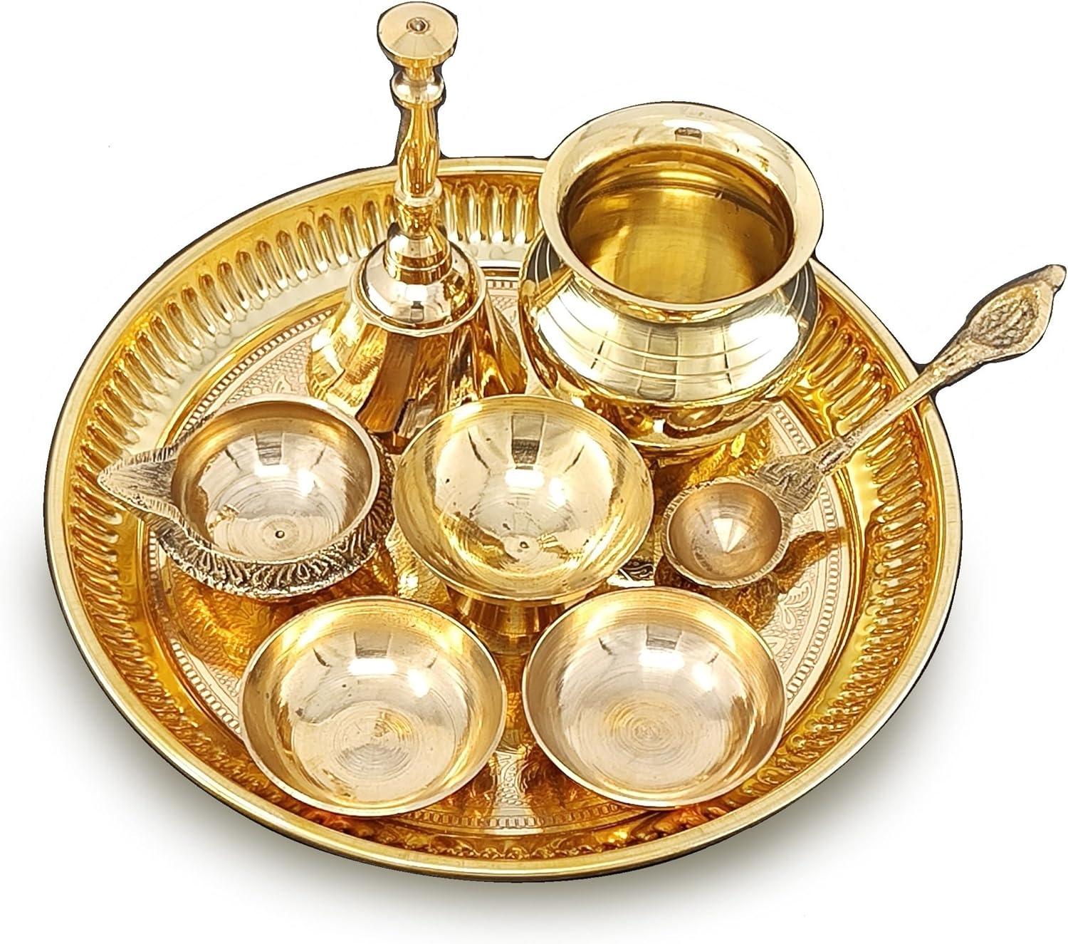 NOBILITY Brass Pooja Thali Set Small 6 Inch Puja Thali with Pital Plate Chandan Wati Kalash Kuber Diya Ghanti Palli Arti Thali for Diwali Home Office Mandir Wedding Return Gift Items image number 4