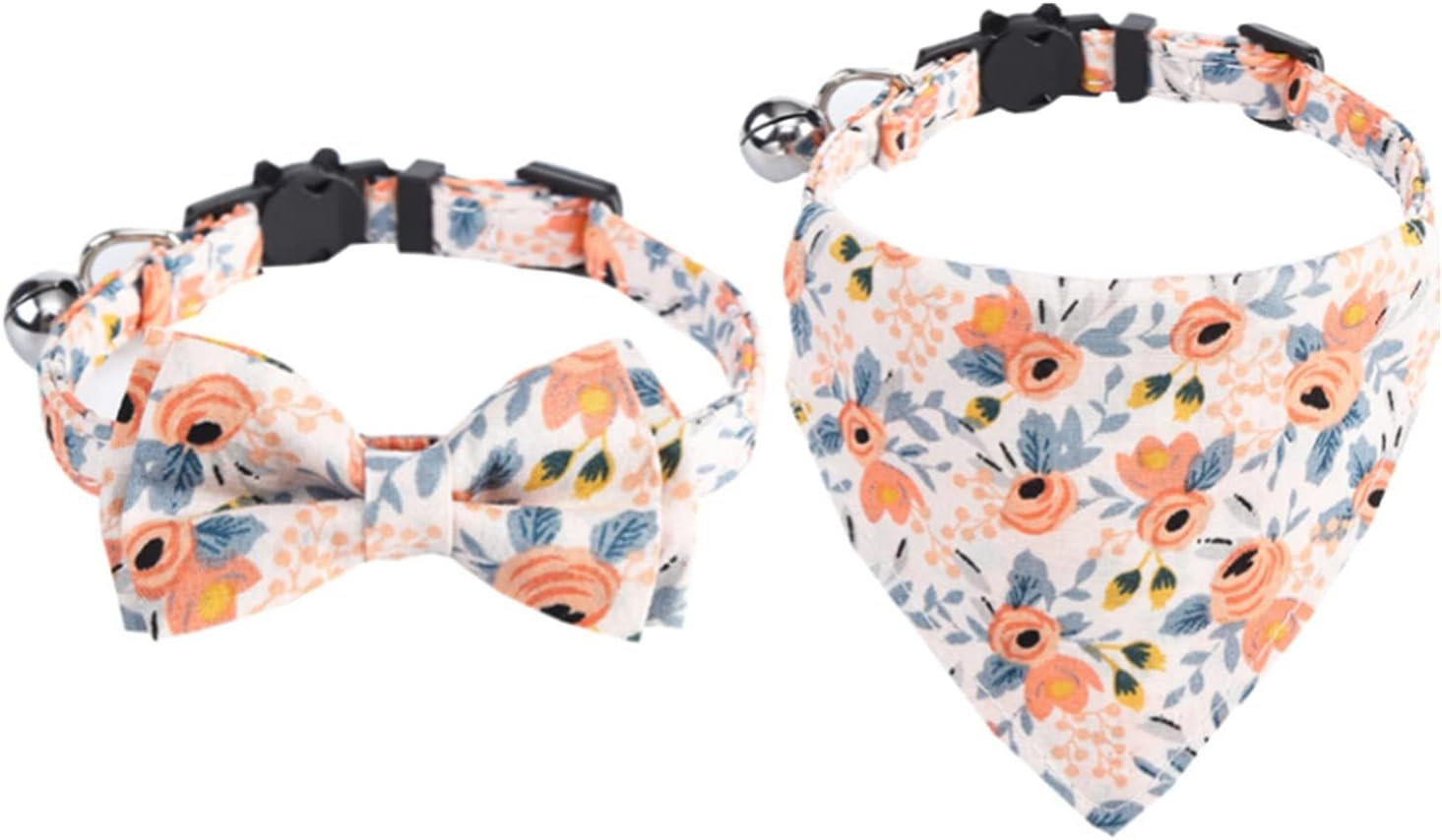 2 Pieces Cat Collars Adjustable Cat Bandana with Bow Bells Floral Kitten Collar Soft for Cats Kittens Kitties Puppies image number 1