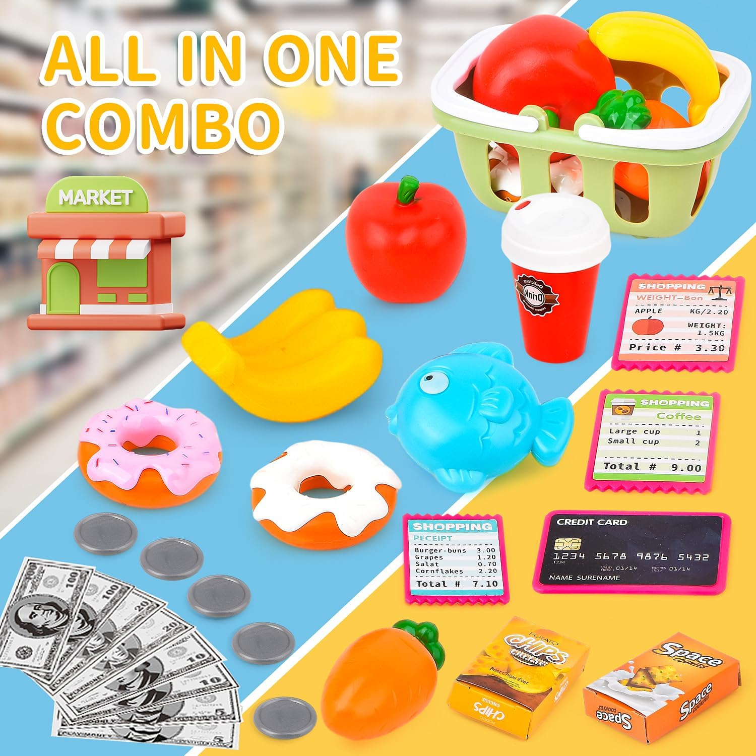 Cash Register Toys for Kids Pretend Play Store Supermarket Cash Register with Real Calculator,Scanner,Food,Microphone, Educational Learning Toy Playset Gift for Toddler Boy Girl (Blue) image number 4