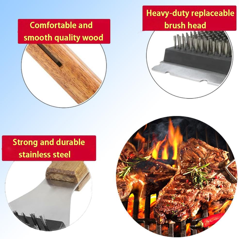 Grill Brush with Scraper and Long Wooden Handle for Safe Cleaning, Replaceable Stainless Steel Brush Hairs for Durable Use, Effortlessly Tackle Any Grill Surface image number 6