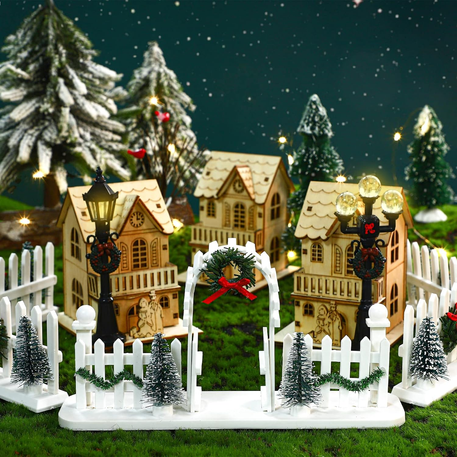 5 Pcs Christmas Village Decorative Fences Entry Gate Lit Figurine Christmas Wreath Tree Picket Fence Snow Accessories for Village Collections Snow Fence Figurine（White Series） image number 1