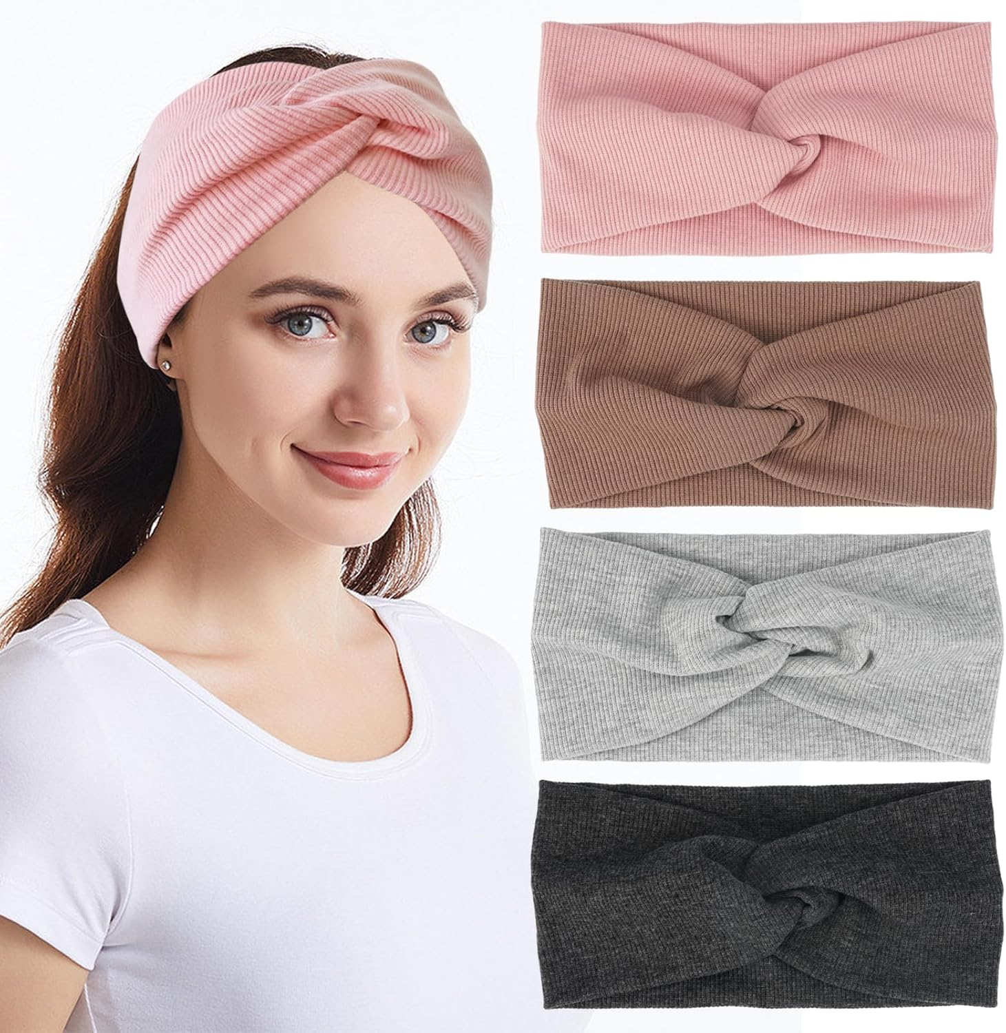 Cotton Headband Elastic for Autumn Winter Pack of 4 One Size for Women and Girls, Knitted Elastic Fleece, Headband Thin, Hair Band Knot, Warm Hair Bands, Wide image number 2