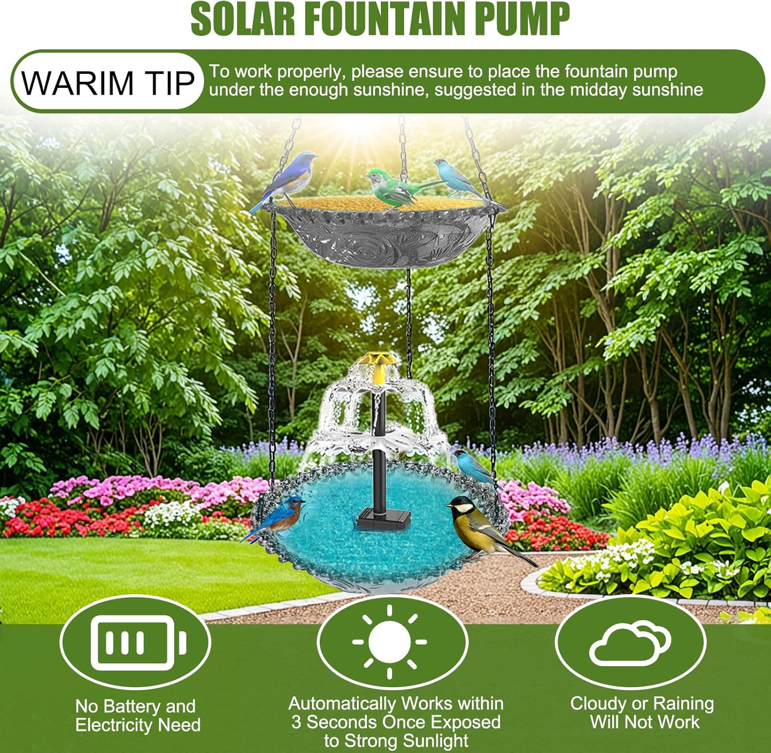 Hanging Bird Bath with Solar Fountain, Solar Birdbath, 9.25" X 27.6" H Double-Layer Hanging Bird Baths for Outdoors, Garden, Hummingbird (Gray) image number 2