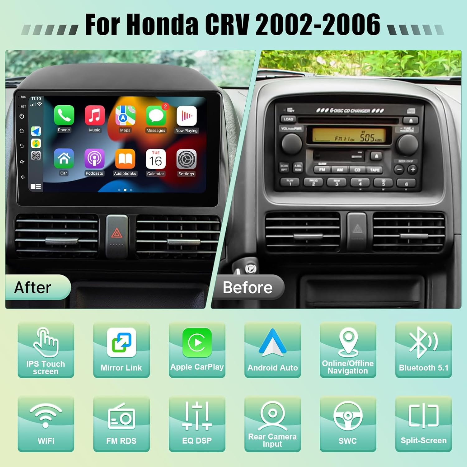 Leadfan Car Stereo Radio for Honda CRV 2002-2006 Wireless Apple Carplay Android Auto, 9 Inch IPS Touch Screen for CRV Android Head Unit Wifi GPS Navi/Bt/Mirror Link/Fm/Rear Camera+Swc/Split-Screen image number 2