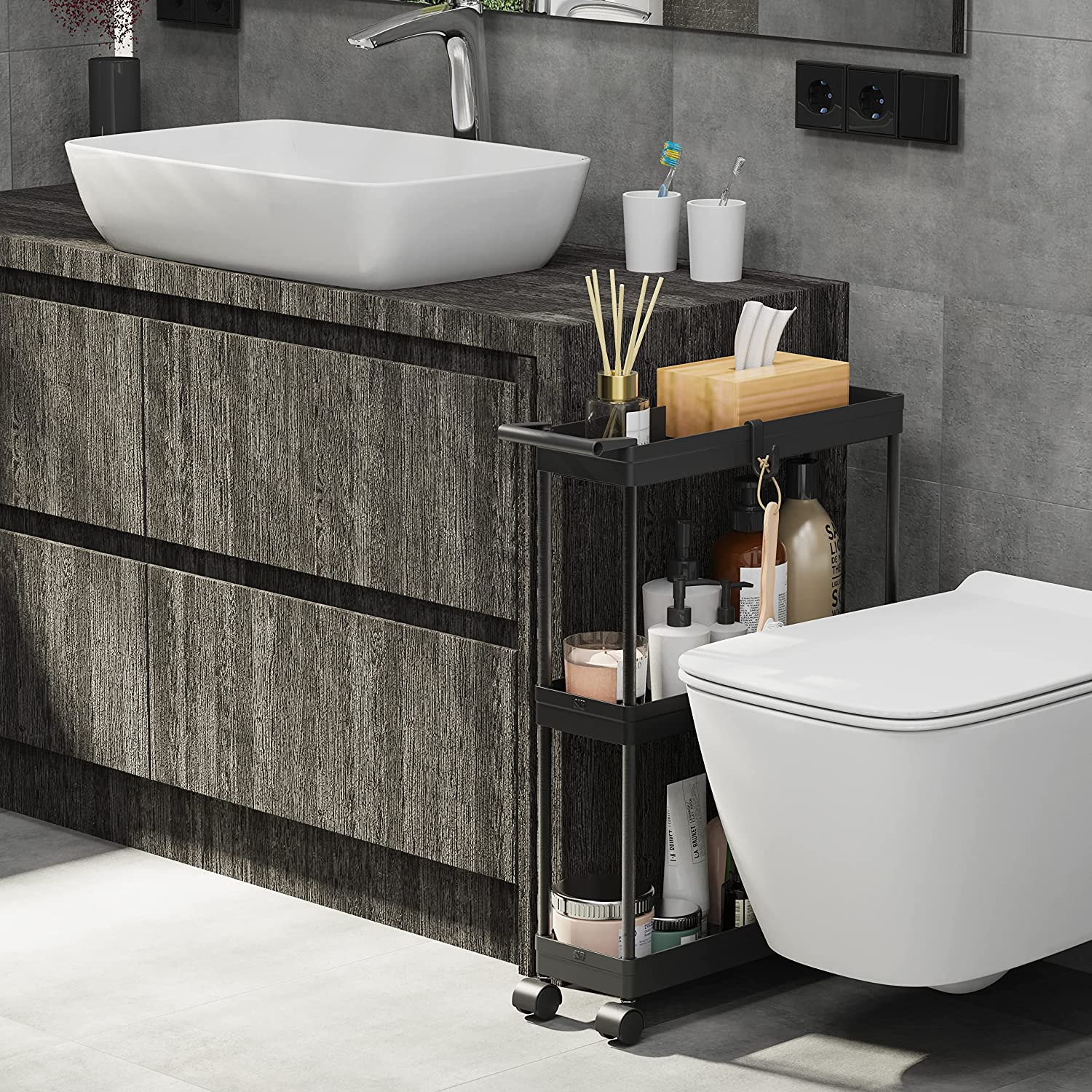 Simplehouseware 3-Tier Slim Rolling Cart with Handle and Hooks for Kitchen and Bathroom Trolley, Black