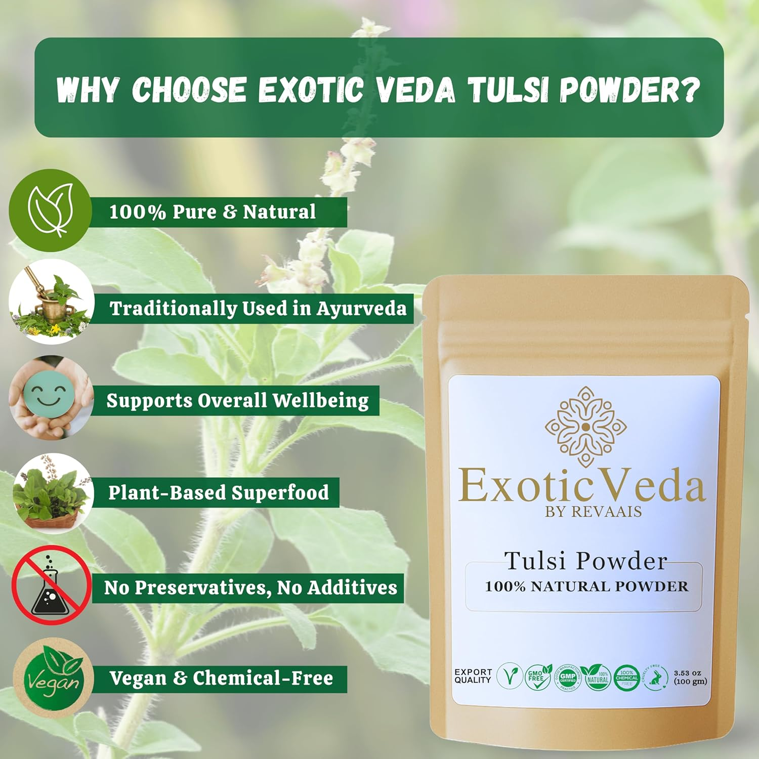 Exotic Veda Tulsi Powder | 100% Pure & Natural No Additives, No Preservatives | 100G Pack image number 2