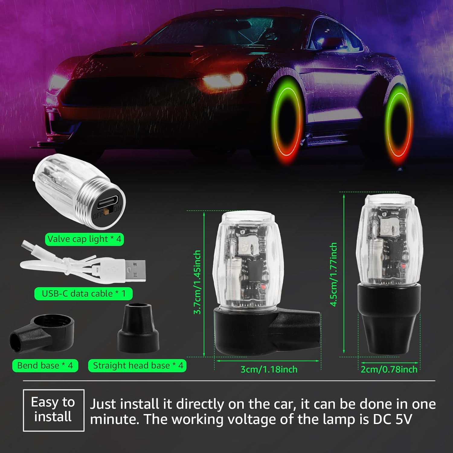 4Pcs Tire Valve Cap Lights, Glow in the Dark LED Tire Valve Lights with Motion Sensors Waterproof Colorful LED Car Wheel Lights USB Rechargeable Wheel Flashing Lamp for Car Truck Motorcycle image number 2