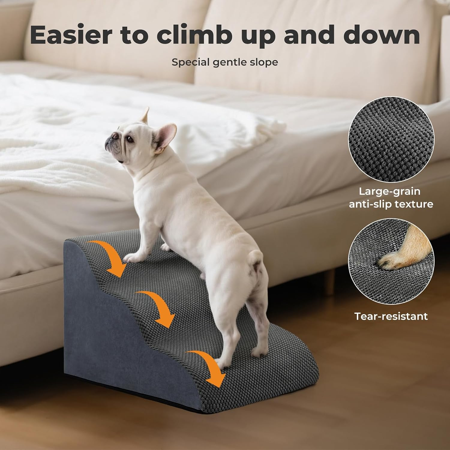 Pawz Dog Stairs Ramp for Small Dog,3 Steps High Density Foam Pet Stairs W/Storage Pocket & Handle,Non-Slip Balanced Pet Stairs Ladder for Cats,For High Sofa Bed Couch for Small & Old Dogs, Injured Pet image number 1