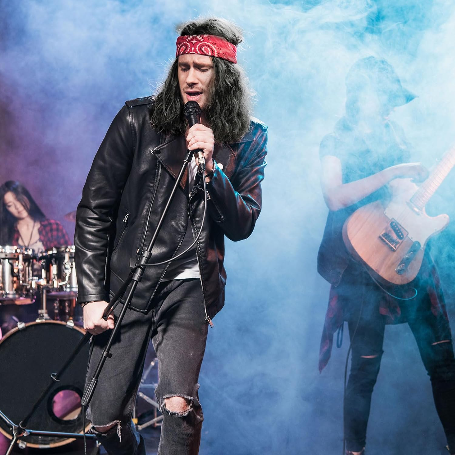 TSHAOUN Mens Long Black Wig, 16Inch Mid Length Mens Curly Hair Wig for Adults, 70S 80S Fancy Dress Party Wigs for Costume Cosplay Halloween (Black) image number 1