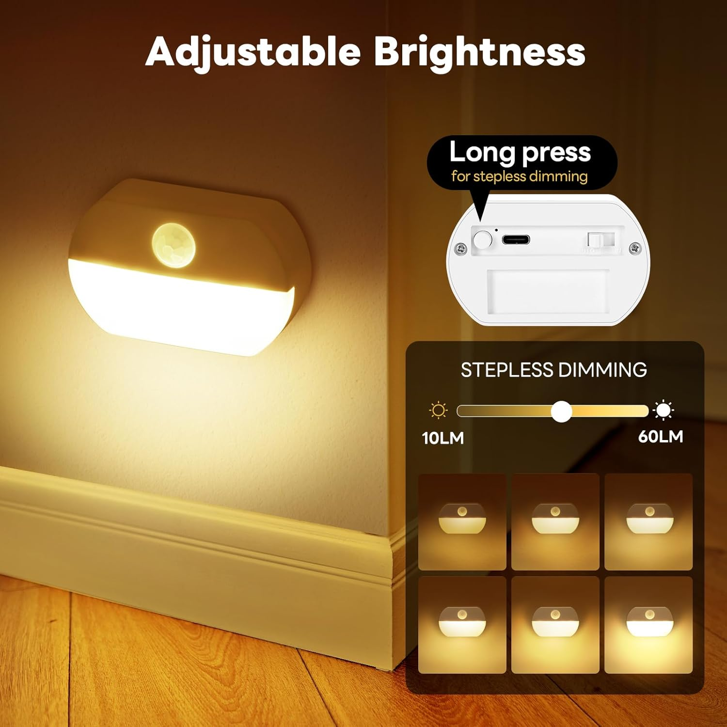 Rechargeable Motion Sensor Night Light Indoor Built-In 700Mah Battery Operated Portable Dimmable Color-Changing LED Wall Nightlight Lamps for Stairs Bedroom Hallway Bathroom Garage(3 Pack) image number 2