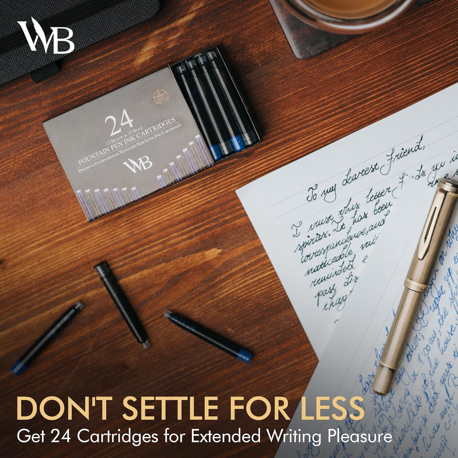 Wordsworth & Black 24 Pack Fountain Pen Ink Refills - Set of 12 Black - 12 Blue Ink Cartridges - International Standard Long Size Length APPR 2.3" - Base Diameter APPR 0.24" Disposable and Generic image number 6