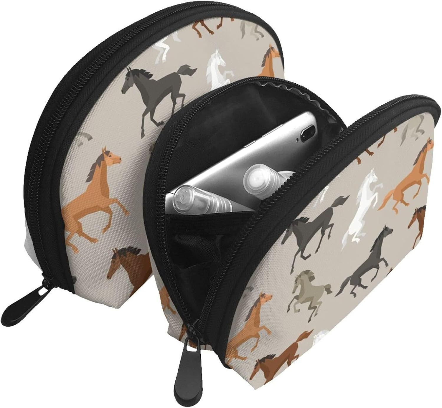 Cozimangoe Coin Pouch Makeup Bags Set, 2 Piece Shell Shape Cosmetic Bag with Pockets for Daily Travel Handbag Lipstick Keys Toiletry, Personalized Cute Horse