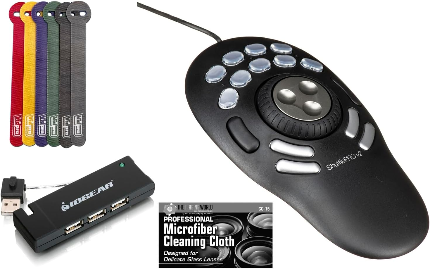 Contour Shuttle Pro V2 NLE Multimedia Controller with 15 Programmable Buttons - Mac and Windows Compatible Bundle with USB Type-A Hub with 4 USB Ports, and 5-Pack of Reusable Cable Ties