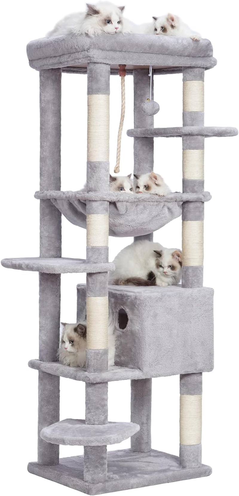 Heybly Cat Tree for Large Cats 20 Lbs Heavy Duty,60 Inches XXL Cat Tower for Indoor Cats,Multi-Level Cat Furniture Condo for Cats with Big Padded Plush Perch,Cozy Basket HCT050G