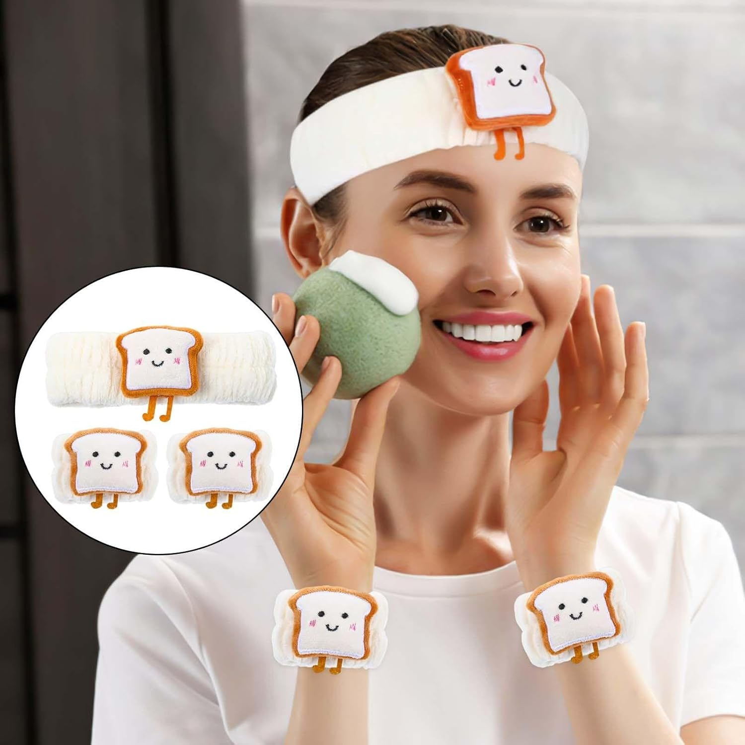 2-Piece Headband and 4-Piece Bracelet, Cute Cartoon Headband, Water-Absorbing Bracelet, Suitable for Face Wash, Skin Care and Make-Up. image number 4