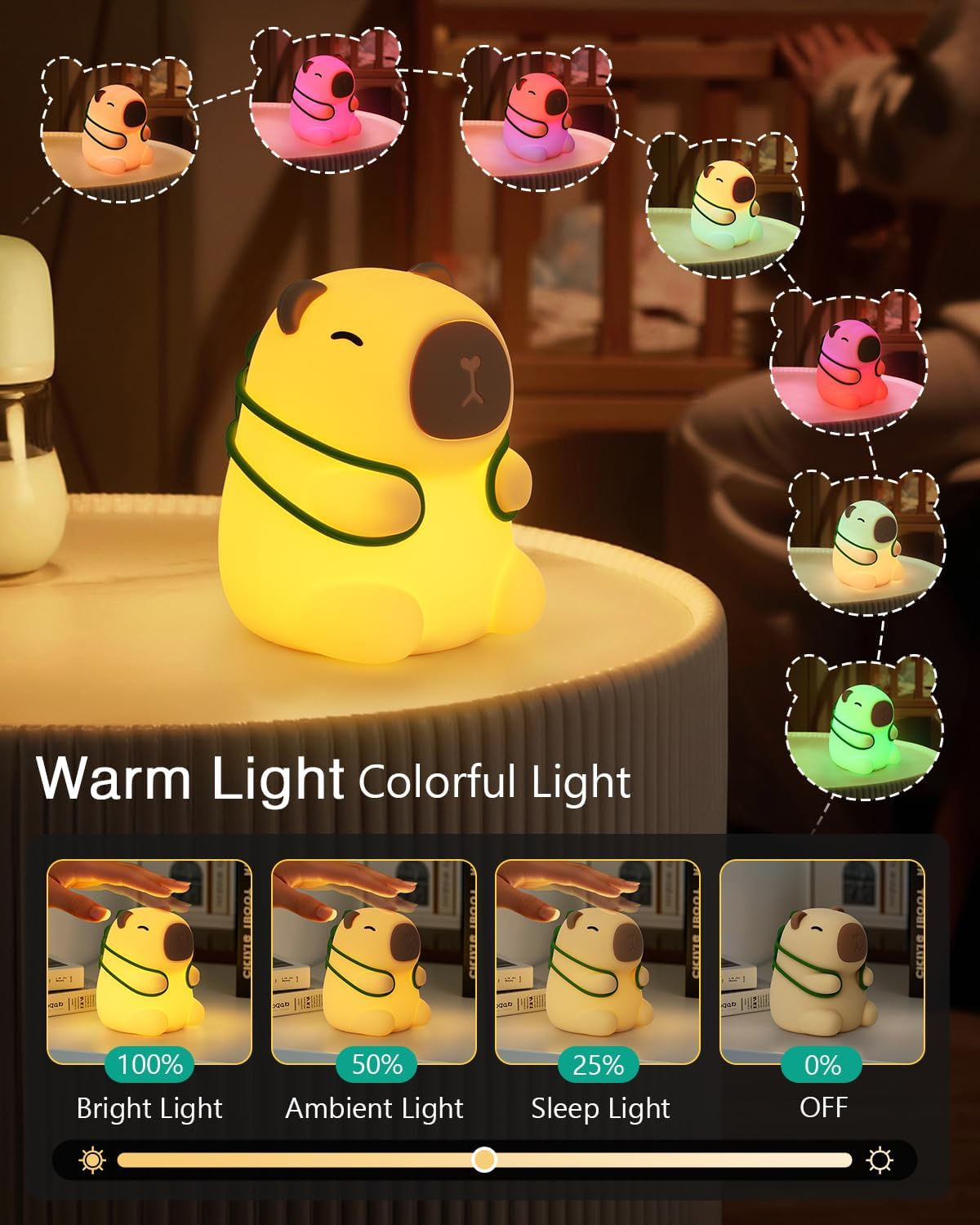 Capybara Night Light, Cute Animal Soft Silicone LED Lamp with 3 Brightness & 7 Color and Timer, Rechargeable Nursery Bedside Light for Kids Room Decor, Birthday Holiday Gifts for Boy Girl image number 6