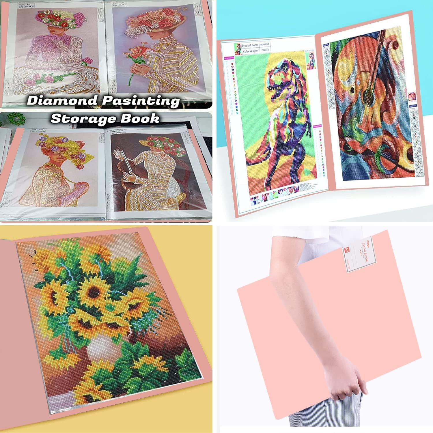 2Pcs A3 Diamond Art Painting Storage Book, Diamond Art Portfolio Folder with 30 Pags Clear Pocket Slevees Protectors, A3 Storage Book with Handle,Large Artwork Report Sheet Letter Poster Storage Bag - Blue image number 4