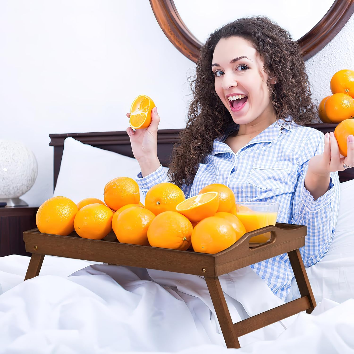 2 Pack Bed Tray Table Breakfast Trays Serving Tray Bamboo Bed Laptap with Floding Legs Handles and Phone Holders - Walnut 2 Pack image number 5