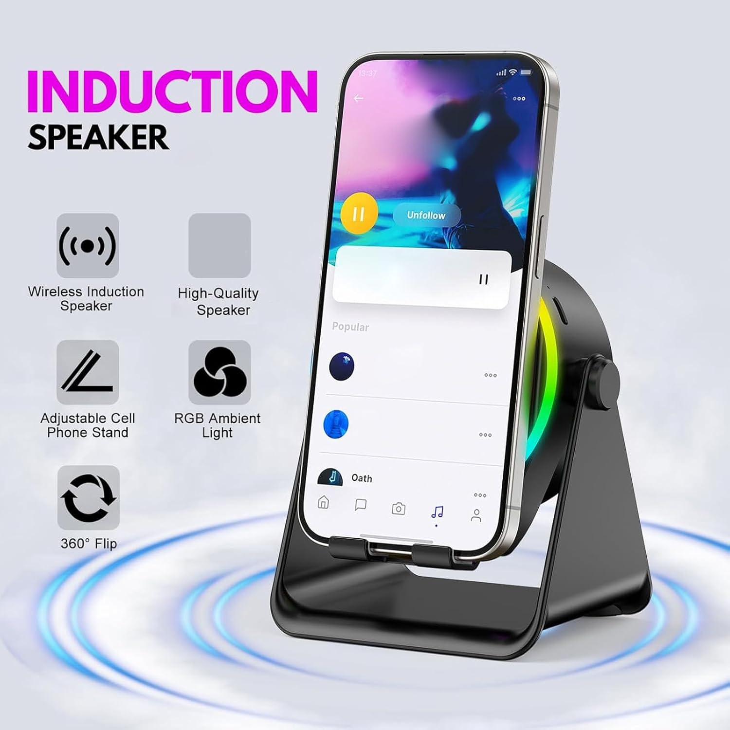 Jectse Wireless Induction Speaker, 5-In-1 Bluetooth Speaker with Phone Stand, Stereo Sound, RGB Ambient Light, 360&deg; Adjustable Base, 2000Mah Rechargeable, Men/Women (Black)