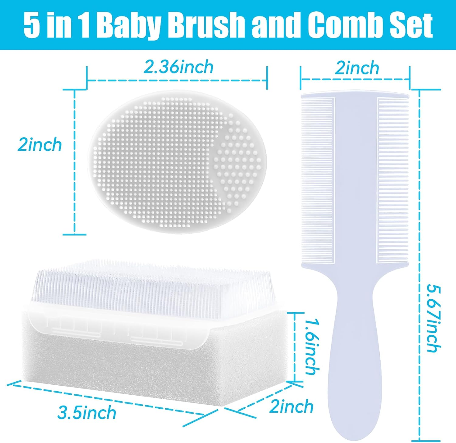 Cradle Cap Brush for Babies, 5Pcs Cradle Cap Treatment Set with Soft Bristle Brushes Silicone Scrubber Long Comb for Newborn Bathing Essentials Baby Brush and Comb Set (White) image number 7