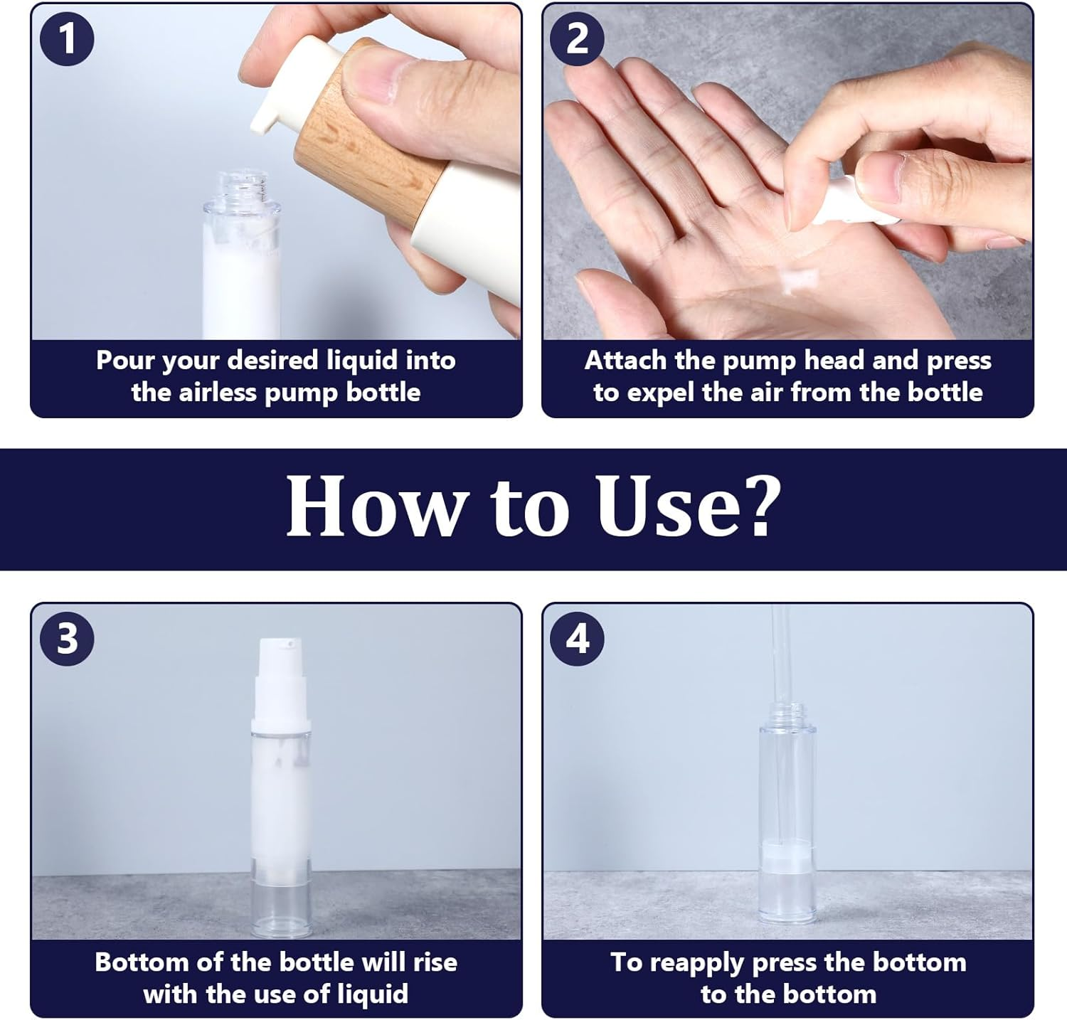 Aiyorse 4 Pcs Refillable Clear Travel Pump Bottles, 10Ml Airless Cosmetic Container for DIY Foundation, Essential Oils, Disinfectant Spray (White) image number 2