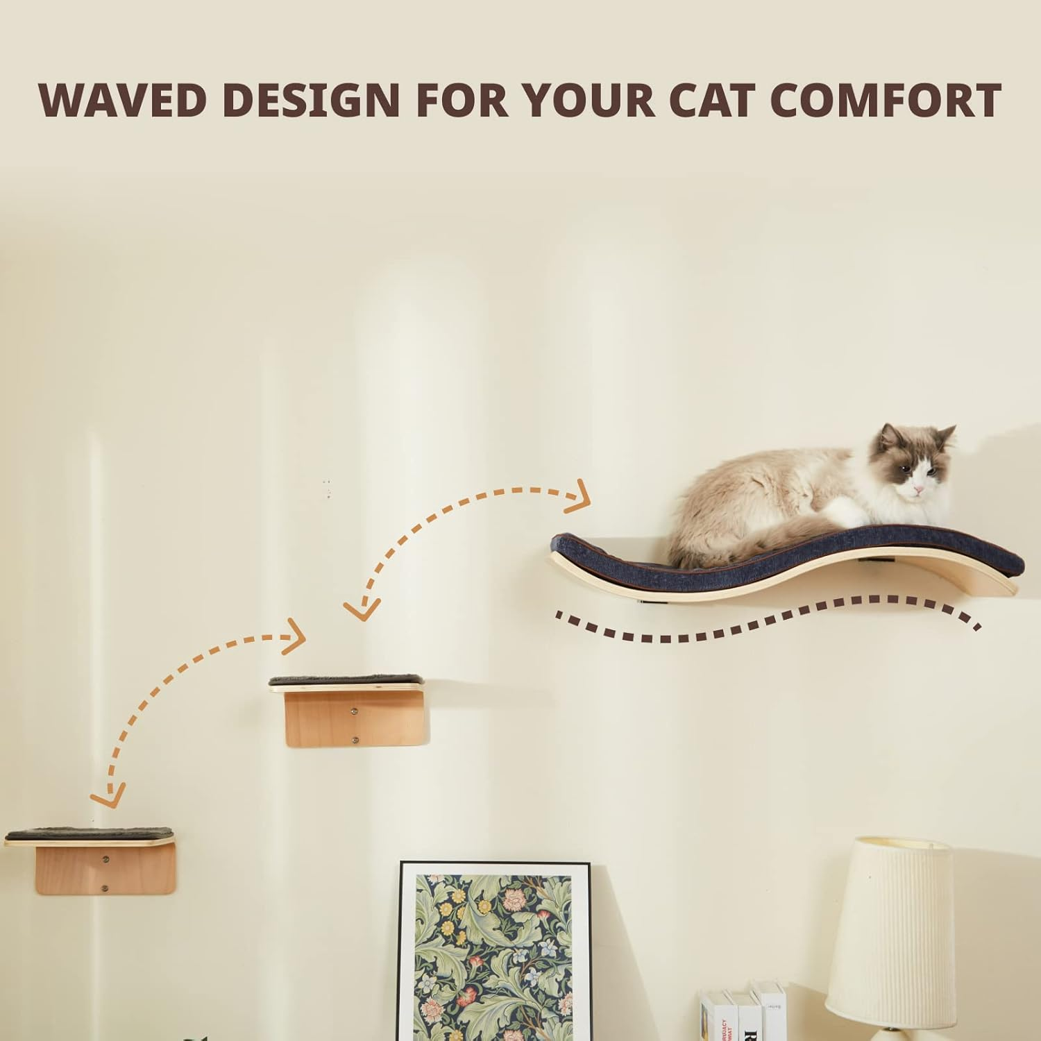 LIORCE Cat Wall Shelf with Two Steps - Wave Cat Shelves and Perches for Wall - Wall Mounted Cats Furniture for Sleeping, Playing, Climbing, and Lounging image number 4
