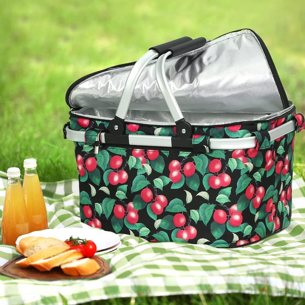 Alfresco Picnic Basket Bag, Insulated Collapsible Outdoor Food Storage Baskets Bags Cooler Hamper Camping Travel Hiking Beach Picnics, with Zippered Side Pocket Lightweight Aluminium Red Green image number 6