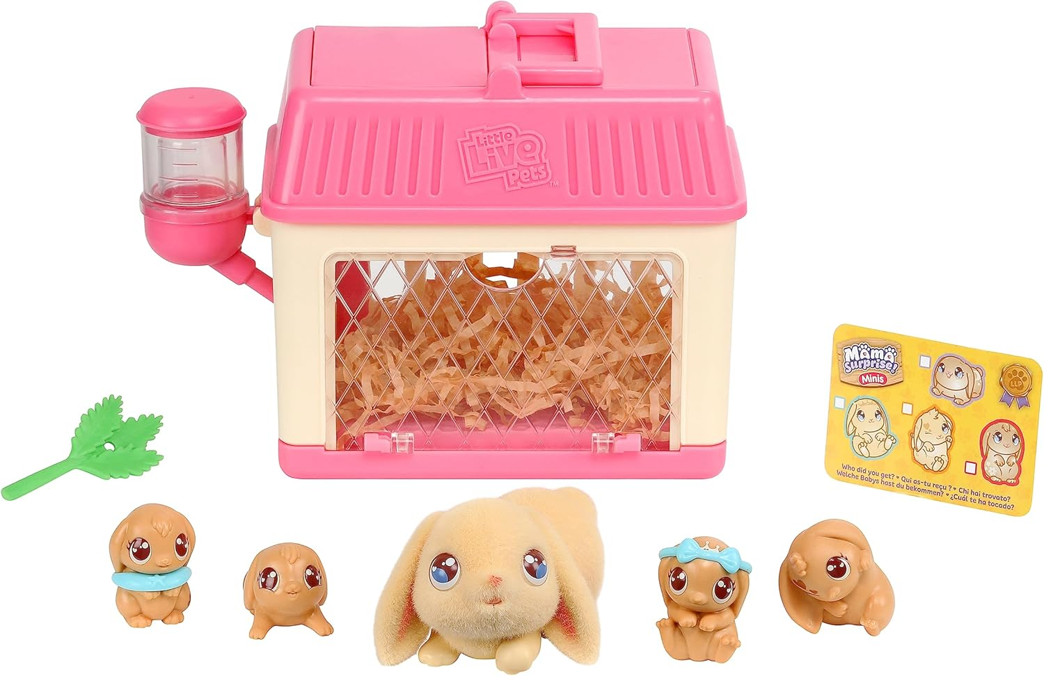 Little Live Pets - Mama Surprise Minis. Feed and Nurture a Lil' Bunny inside Their Hutch so She Can Be a Mama. She Has 2, 3, or 4 Babies with Surprise Accessories to Dress up the Babies
