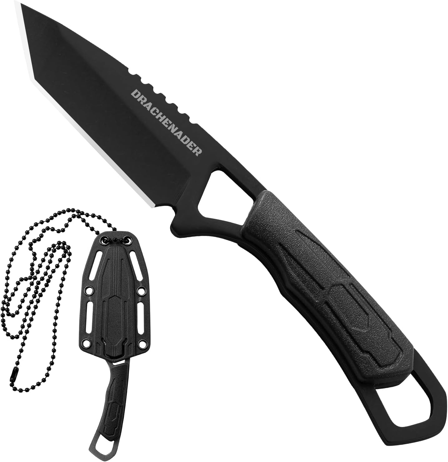 DRACHENADER Neck Knife, Tanto Small Fixed Blade Knife 5Cr13Mov Stainless Steel Neck Knife with Sheath and Necklace Plactic Mini Small Edc Knife for Men and Women, Full Black image number 2
